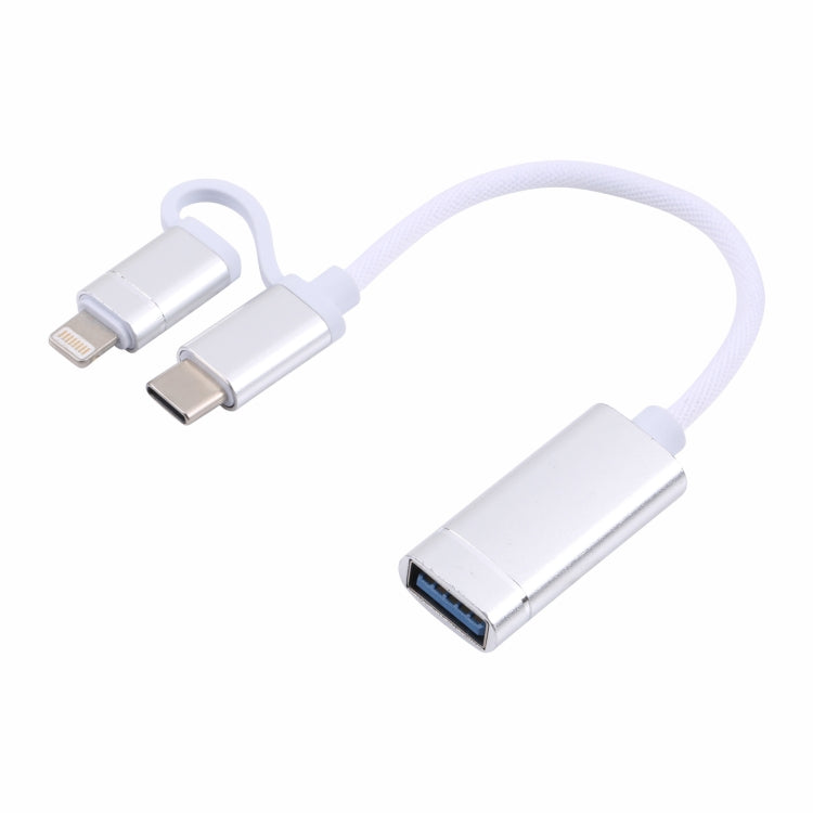 USB 3.0 Female to 8 Pin + USB-C / Type-C Male Charging + Transmission OTG Nylon Braided Adapter Cable, Cable Length: 11cm, 8 Pin Silver + White, 8 Pin Black, 8 Pin Red, 8 Pin Blue